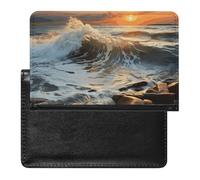 Rocky Wave Sunset Painting Passport Holder with 3 Card Slots, Portable PU Leather Travel Wallet, Slim Protective Cover for Passport, ID, Credit Cards