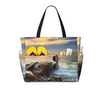 Rocky Wave Sunset Painting Print Large Waterproof Beach Tote Bag for Women with Zip and Pockets Foldable Handbag for Travel Pool Shopping Holiday Gym