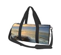 Rocky Wave Sunset Painting Print Round Duffel Bag, Canvas Overnight Travel Tote Bag, Waterproof and Tear-Resistant.Foldable Weekend Travel Bag