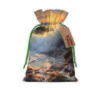 Rocky Wave Sunset Painting Printed Christmas Drawstring Bags Reusable Xmas Bag for Party Xmas Gift Wrapping, Green Ribbon, M