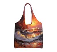 Rocky Wave Sunset Painting Single-Shoulder Canvas Bag,Large Capacity Reusable Grocery Shopping Bag,Women'S Handbag Tote Travel