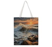Rocky Wave Sunset Painting Tote Bag, Aesthetic Canvas Tote Bag Reusable Grocery Shopping Bag for Women Men