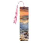 Rocky Wave Sunset Painting Wooden Bookmark 5pcs for Book Lovers,DIY Wood Craft Bookmarks with Colorful Tassels Wooden Gift Tags Labels Rectangle Bookmarks Ornaments Unusual Gift for Men Women