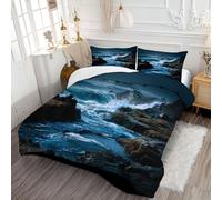 Rocky Waves Coverless Duvet King Beach View Quilt Comforter Lightweight and Warm Bedding Sets with 2 Pillow Sham for All-Season 230x220cm Dark Blue