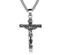 Rockyu Crucifix Necklace Men Stainless Steel Silver Chain 22 Inch Retro Silver Jesus Cross Pendant Crucifix Catholic Jesus Christ on INRI Cross Imitation Wood Religion Jewelry silver