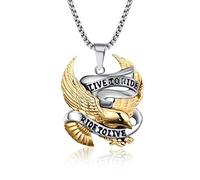 Rockyu Men's Biker Eagle Pendant Necklace Live to Ride Ride to Live Gold & Silver Stainless Steel Chain 60cm Motorcycle Jewelry for Riders