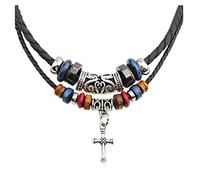 Rockyu Men's Stylish Dragon Fang Wolf Fang Pendant Elegant Ethnic Braided Leather Double Row Chain Necklace Size Adjustable Personality Amulet Necklace Stylish Fashion Accessory Leather