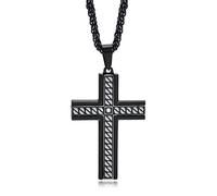Rockyu Necklace for Men Black Cross Pendant Single Zircon Spiral Pattern Stainless Steel Chain 60 cm New Year Gif