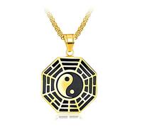 Rockyu Necklace for Men Gold Plated Stainless Steel Chain 22 Inch Yin Yang Tai Chi Pendant Bagua Five Elements and Eight Diagrams gold
