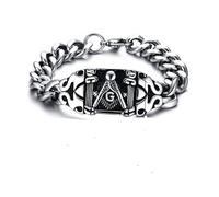 Rockyu Stainless Steel Men's Bracelet Masonic Design Silver High Polished 25mm Length 21cm 84.6g Perfect for Halloween