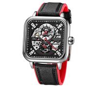 ROCOSJEWE Automatic Watches for Men Skeleton Mechanical Watch Stainless Waterproof Anti Shock Casual Analog Dress Watch Leather Band Vintage Square Ultra Thin Business Wristwatch RW00917, red, Casual