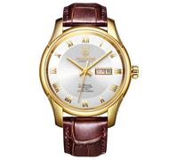 ROCOSJEWE Men's Automatic Self-Winding Mechanical Dress Watch - Gold Stainless Steel Case, Roman Numerals, Brown Leather Band, Day & Date Display, Skeleton Case Back, Luxury Wristwatch for Business