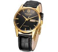 ROCOSJEWE Men's Automatic Watch Mechanical Skeleton Calendar Day Display Black Leather Luxury Strap Wristwatch Dress Watch Gift R0101,Black and Gold Color Scheme