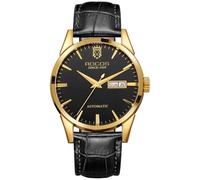 ROCOSJEWE Men's Automatic Watch Mechanical Skeleton Calendar Day Display Brown/Black Leather Luxury Strap Wristwatch Dress Watch Gift R0101, Black Gold, Classic