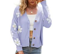 Rocosye Women's Daisy Button Up Long Sleeve Cardigan Cute Flower Fall Knit Sweaters Preppy College Outfits Purple