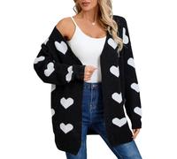 Rocosye Women's Valentines Day Long Sleeve Open Front Cute Heart Knit Cozy Loose Casual Long Cardigan Sweaters Black