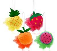 Rocutus 4pcs Child Bath Shower Sponge Pouf Loofahs Mesh Brush Shower Ball Cute Bath Flower With Hooks for Travel
