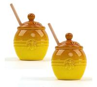 Rocutus Ceramic Honey Pot with Dipper, Lid & Wooden Stirrer - 2 Pack Elegant Honey Jar, Kitchen Storage, Honey Dispenser, Bee Lover Gift, Durable Stoneware, Easy Clean,11.8 OZ