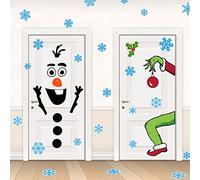 ROCWOHO 4 Sheets Christmas Door Stickers Decor Christmas Snowman and Grinch Door Stickers Large Snowman Grinchmas Stickers with Snowflake Decals for Winter Door Window Refrigerator Decorations