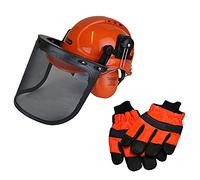 RocwooD Chainsaw Safety Helmet With Mesh Visor Ear Defenders Hard Set & Extra Large Gloves With Left Hand Protection Only Built-In Protective Earmuffs