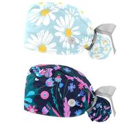 RODAILYCAY 2 Packs Surgery Cap for Nurse, Working Hat Sweatband Cotton Ponytail Holder, Button Hat Bouffant Cap Cute Flower Blue