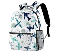 RODAILYCAY Blue Grey Various Planes Pattern Travel Laptop Backpack, College High School Backpack, Large Capacity Bookbag, Cute Backpack for Men Women