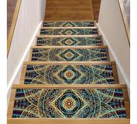 RODAILYCAY Boho Mandalas Floral Vintage Stair Treads for Wooden Steps Indoor 15pcs 8" X 30" Carpet Stair Treads, Non Slip Staircase Runner Rugs, Surface Polyester TPE Backing Step Mats