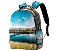 RODAILYCAY Bridge Crossing Lake Backpack for Women, 16 Inch Laptop Backpack, College Bookbag School Bag, Water Resistant Travel Hiking Daypack