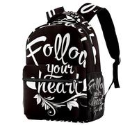 RODAILYCAY Follow Your Heart Black Travel Laptop Backpack, College High School Backpack, Large Capacity Bookbag, Cute Backpack for Men Women