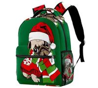 RODAILYCAY Funny Dog Pug Christmas Hat Travel Laptop Backpack, 16 Inch Large School Backpacks for Teen Boys and Girls, WaterProof Computer Bag Bookbag