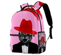 RODAILYCAY Handsome Mr Cat with Black Suit Red Top Hat Pink Travel Laptop Backpack, 16 Inch Large School Backpacks for Teen Boys and Girls, WaterProof Computer Bag Bookbag
