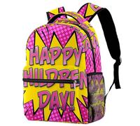 RODAILYCAY Kids Backpack, Comic Style Childrens Day Pink Background School Backpack, Waterproof Rucksack Casual Daypack, Book Bag Laptop Bag for Men Women