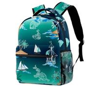 RODAILYCAY Kids Backpack, Green Watercolor Island Ship Fish Tree School Backpack, Waterproof Rucksack Casual Daypack, Book Bag Laptop Bag for Men Women