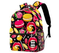 RODAILYCAY Kids Backpack, Lip Rose Macaron Diamond Lollipops School Backpack, Waterproof Rucksack Casual Daypack, Book Bag Laptop Bag for Men Women
