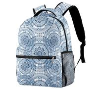 RODAILYCAY Laptop Backpack, Blue Boho Pattern Style Graphic Durable School Backpack for College High School, Water Resistant Travel Hiking Ruckpack