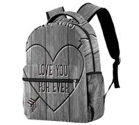 RODAILYCAY Laptop Backpack, Love Heart Carved Wood Board Grey Durable School Backpack for College High School, Water Resistant Travel Hiking Ruckpack