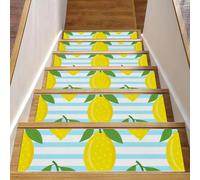 RODAILYCAY Lemons Fruits on Blue Striped Stair Treads Carpet, 15pcs Anti-Slip Stair Tread Pads, 8" x 30" Staircase Runner for Wooden Steps Indoor, Step Cover Mat for Kids Elders Pets