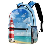 RODAILYCAY School Backpack for Men & Women, Lighthouse Beach Sea Seagulls Travel Laptop Bag, Lightweight College Back Pack, Casual Bookbag Daypack