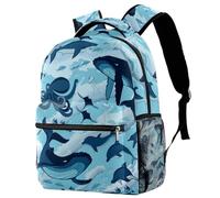 RODAILYCAY School Backpack for Men & Women, Navy Sea Wave Dolphin Shark Octopus Travel Laptop Bag, Lightweight College Back Pack, Casual Bookbag Daypack