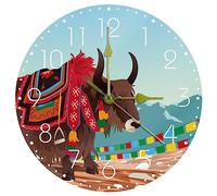RODAILYCAY Tibetan Yak Bull Round Wall Clock 10" Large, Silent Decorative Wall Clock, Non-Ticking Battery Operated Clock for Living Room Bedroom Home School Office