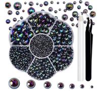 RODAKY 2300Pcs Flatback Pearls for Crafting Kit,Black AB Half Pearl Beads and Gems,2-10MM Flat Back Half Round Pearl for Nails Art Design DIY Crafts Jewelry Making Cup Shoes Nail Decor