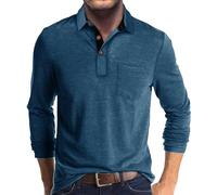 Rodawu Mens Long Sleeve Polo Shirts Golf Tops Casual Smart Polo T-Shirts Grandad T Shirt Designer Blue T Shirt Men M