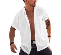 Rodawu Mens Short Sleeve Cotton Linen Shirt Cuban Beach Summer Hawaiian Shirts White Shirt