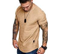 Rodawu Men's T-Shirts Casual Crew Neck Cotton Muscle Fit Plain Tops Khaki