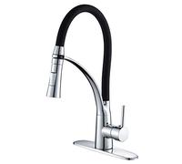 RODDEX Pullout Kitchen Faucet Solid Brass Single Handle One Hole Kitchen Sink Faucet with 360 Swivel Modern Black Rubber Neck Pull Down Sprayer, 3 Hole Deck Plate, Polished Chrome