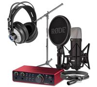Rode NT1 Signature Black Condenser Mic Bundle with Focusrite Scarlett 2i2 4G Interface, On-Stage MS7701B Tripod, and Cans50 Headphones - 4 dBA XLR Mic for Singing, Vocal Recording, Two-Host Podcasting