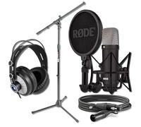 Rode NT1 Signature Black Condenser Microphone Monitoring Bundle with MS7701B Boom Tripod Stand and Cans50 Closed-Back Headphones - 4 dBA Studio Mic for Singing, Vocal Recording, Podcasting, Voice Over