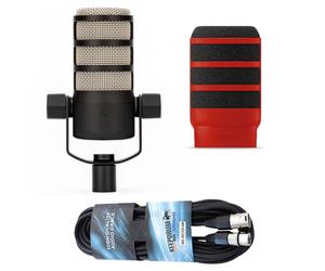 Rode Podmic Professional Podcast Microphone + WS14R Deluxe Pop Guard Red + Keepdrum XLR Cable