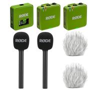 Rode Wireless GO Gen 3 Wireless 2-Channel Microphone Radio System Green with 2 x Interview GO Hand Adapters and 2 x Keepdrum Fur Wind Protection