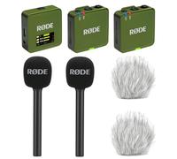 Rode Wireless GO Gen 3 Wireless 2-Channel Microphone Radio System Moss Khaki with 2 x Interview GO Hand Adapters and 2 x Keepdrum Fur Wind Protection